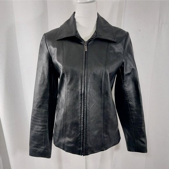 NEW YORK & CO.! BLACK GENUINE LEATHER STREAMLINED & SLEEK JACKET, COAT! SZ S - Picture 3 of 11